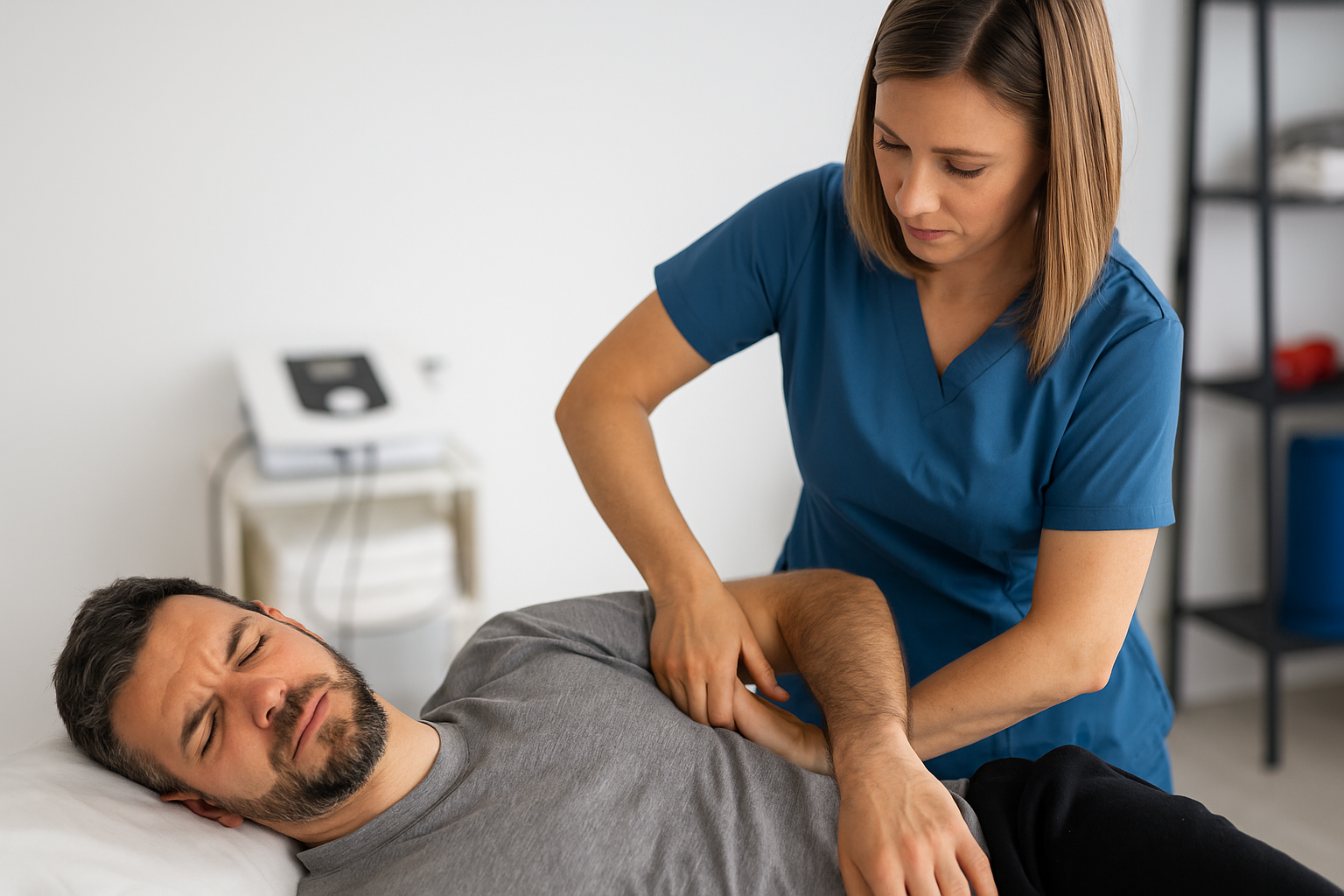 Physiotherapist applying manual therapy techniques on patient’s back for pain management