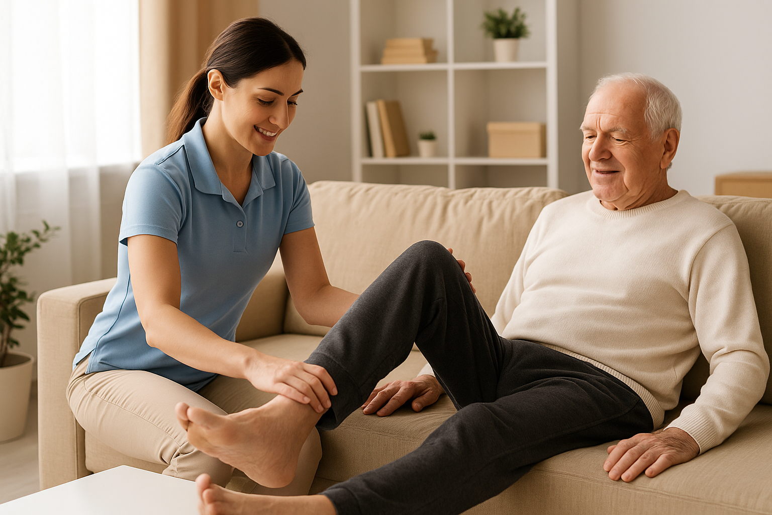 Physiotherapist providing home visit physiotherapy for elderly patient with mobility exercises