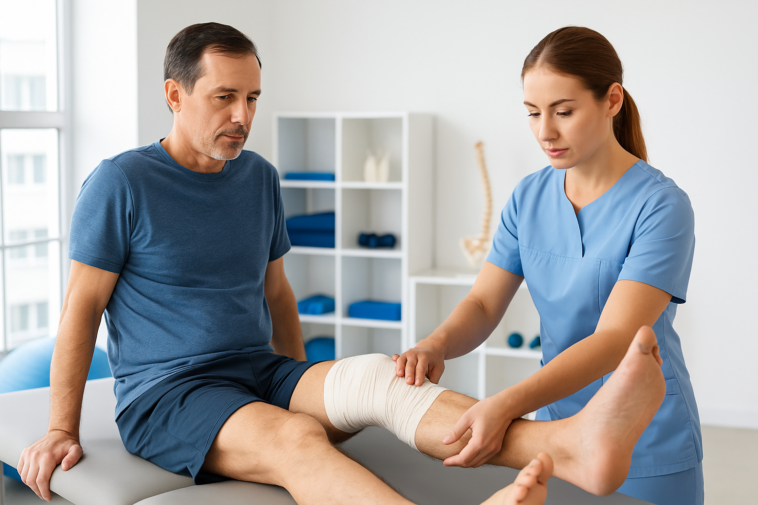 Physiotherapist adjusting patient’s knee during post-surgical rehab session