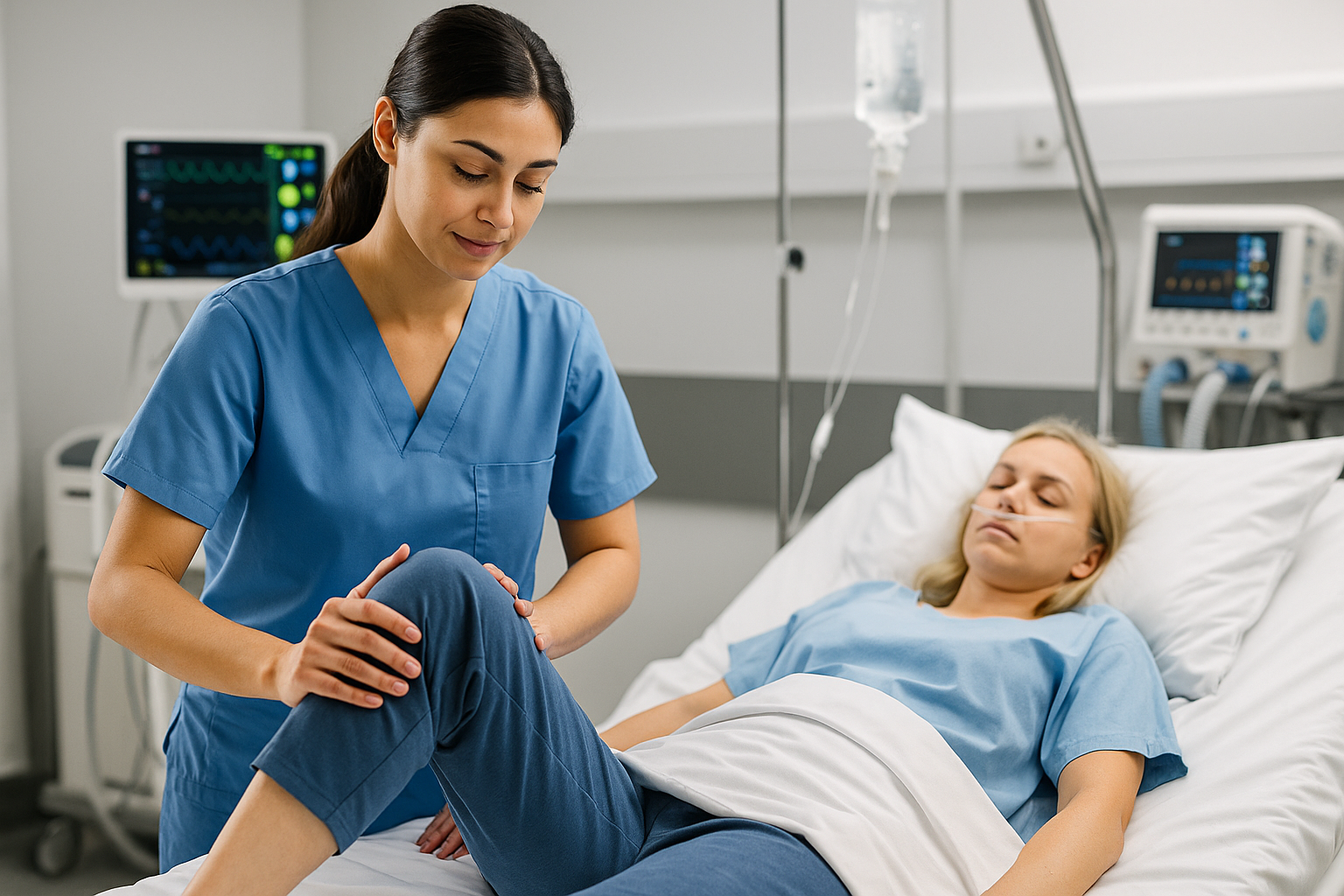 Female physiotherapist performing bedside neurological physiotherapy for a patient in intensive care with limited mobility