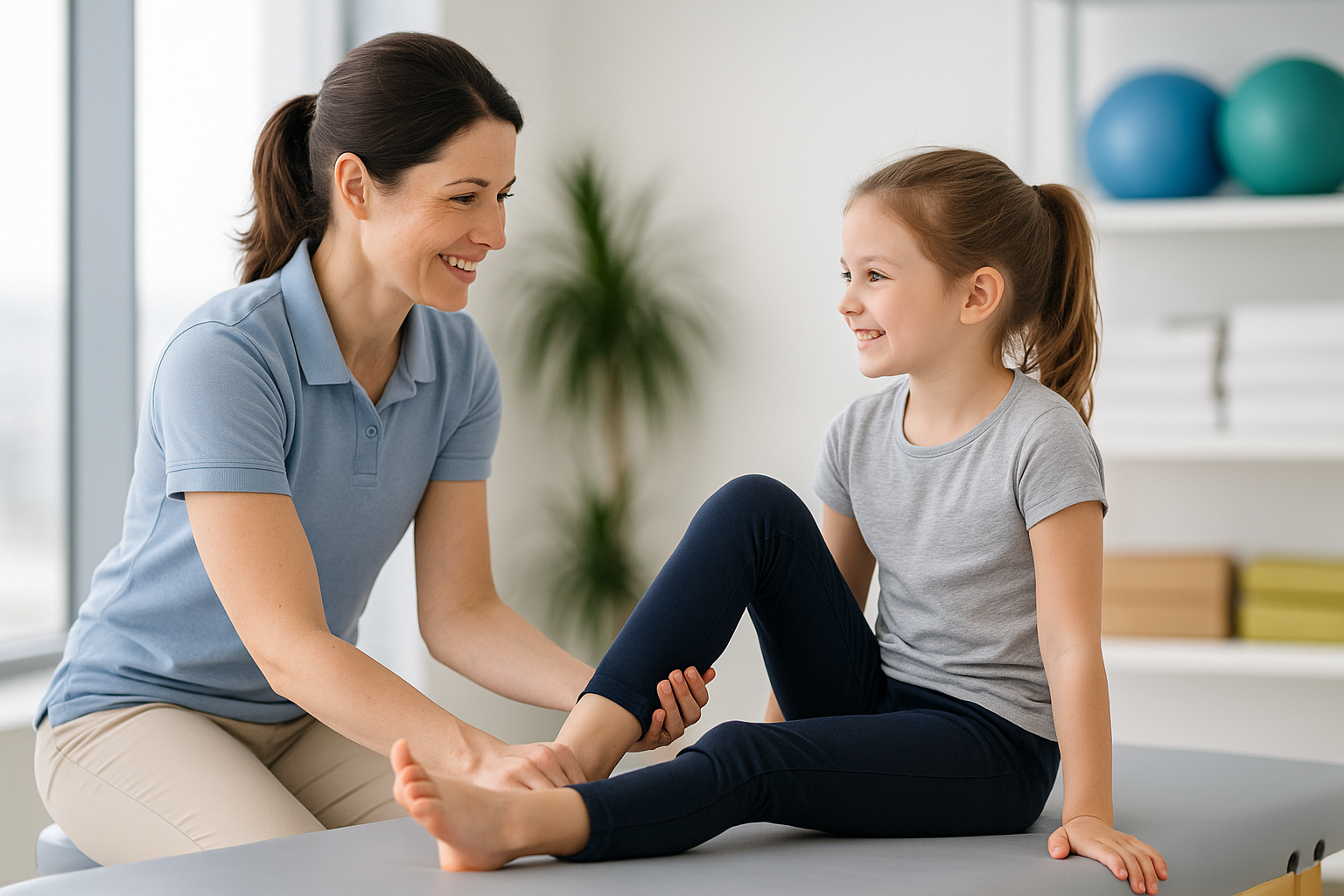 Female pediatric physiotherapist helping a young child with physiotherapy exercises in clinic