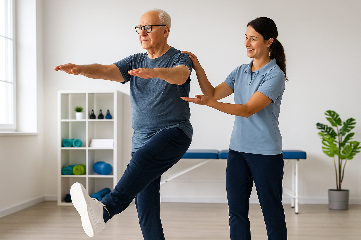 Female physiotherapist assisting elderly patient with balance and strength exercises during geriatric physiotherapy session