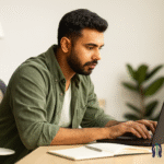 A young South Asian professional sitting at an ergonomic workstation in a modern office, maintaining proper posture with a straight spine and relaxed shoulders while working on a computer. The NeuroKure logo appears subtly in the corner, representing physiotherapy and wellbeing awareness in workplace ergonomics