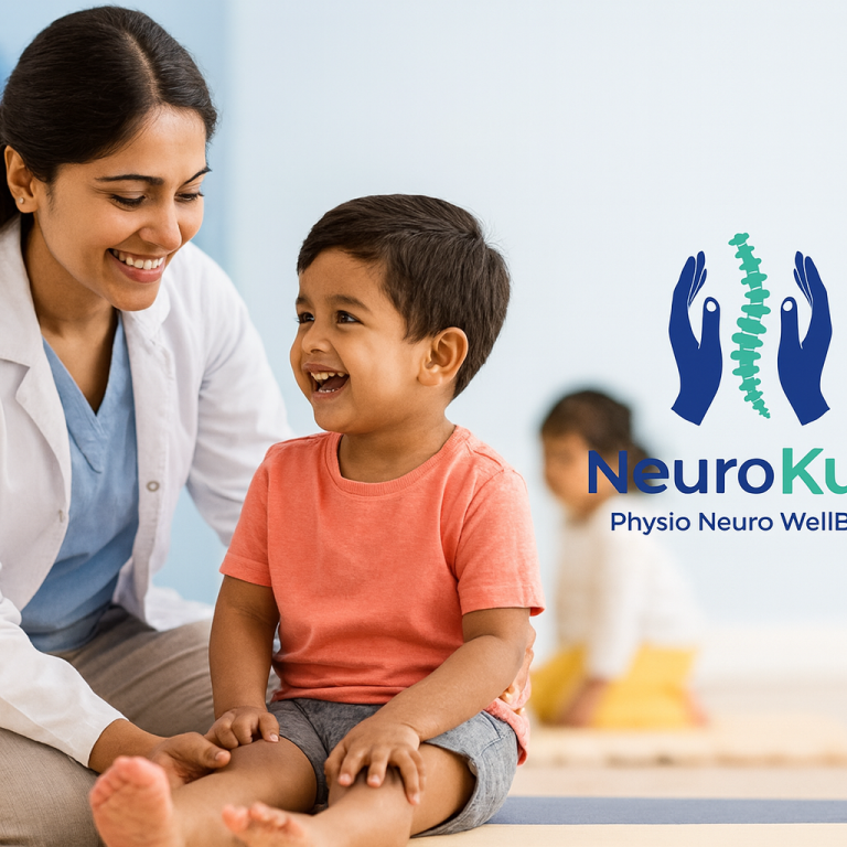 A female South Asian physiotherapist in a white coat helps a smiling young boy during a therapy session, with the NeuroKure logo displayed on the right