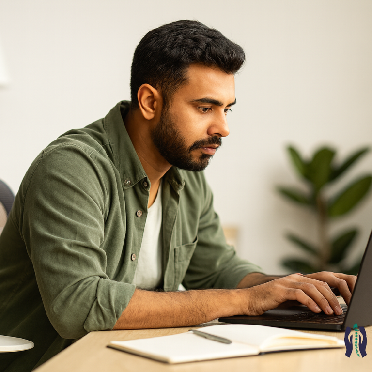 A young South Asian professional sitting at an ergonomic workstation in a modern office, maintaining proper posture with a straight spine and relaxed shoulders while working on a computer. The NeuroKure logo appears subtly in the corner, representing physiotherapy and wellbeing awareness in workplace ergonomics